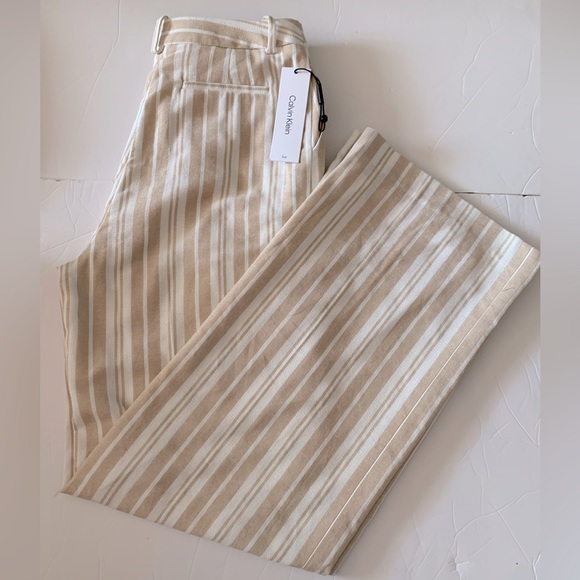 NWT Calvin Klein women pants beige/white Striped high rise straight legs size 6 - Picture 7 of 8